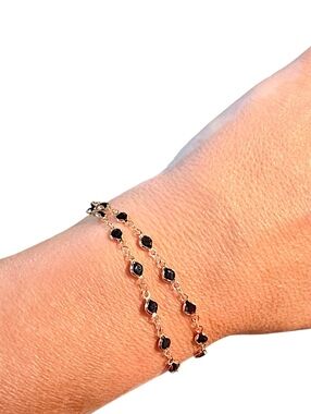 Homemade Delicate Gold Plated Chain Bracelet with Black Beaded Accents